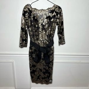 Tadashi Shoji Gold Sequin Black Mesh 3/4 Sleeve Belted Dress